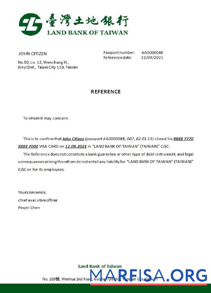 Printable Taiwan Land Bank of Taiwan closure reference example